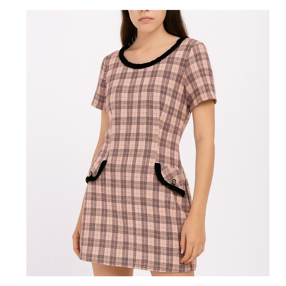 Vintage 90's Pink Plaid Tweed Boucle Knit Mini Dress S Old Money Preppy Clueless